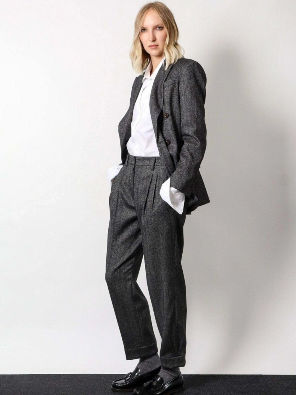 Brunello Cucinelli Pants Black Herringbone Virgin Wool Size 0/36 26x27 $2450 New
